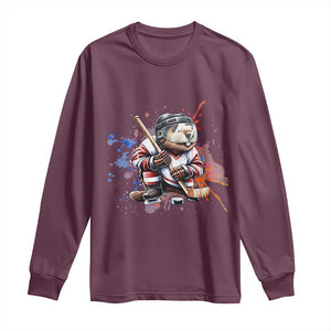 Funny Beaver Playing Ice Hockey Long Sleeve Shirt Winter Sports Gift TS12 Maroon Print Your Wear