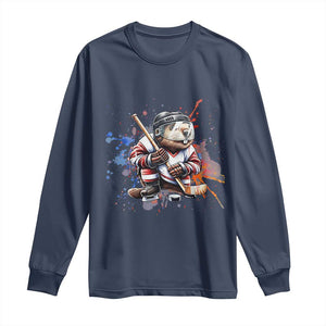 Funny Beaver Playing Ice Hockey Long Sleeve Shirt Winter Sports Gift TS12 Navy Print Your Wear