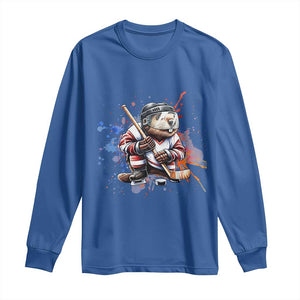 Funny Beaver Playing Ice Hockey Long Sleeve Shirt Winter Sports Gift TS12 Royal Blue Print Your Wear