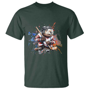 Funny Beaver Playing Ice Hockey T Shirt Winter Sports Gift TS12 Dark Forest Green Print Your Wear