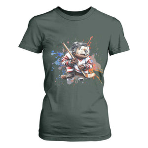 Funny Beaver Playing Ice Hockey T Shirt For Women Winter Sports Gift TS12 Dark Forest Green Print Your Wear
