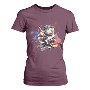 Funny Beaver Playing Ice Hockey T Shirt For Women Winter Sports Gift TS12 Maroon Print Your Wear