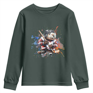 Funny Beaver Playing Ice Hockey Youth Sweatshirt Winter Sports Gift TS12 Dark Forest Green Print Your Wear