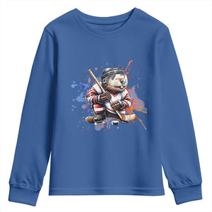 Funny Beaver Playing Ice Hockey Youth Sweatshirt Winter Sports Gift TS12 Royal Blue Print Your Wear