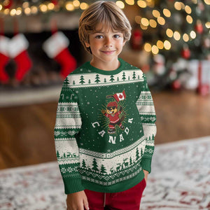 Funny Beaver Playing Ice Hockey With Canada Flag Gift Ugly Christmas Sweater TS12 Forest Green Beige Print Your Wear