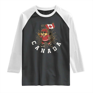 Funny Beaver Playing Ice Hockey With Canada Flag Gift Raglan Shirt TS12 Black White Print Your Wear