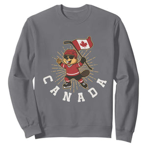 Funny Beaver Playing Ice Hockey With Canada Flag Gift Sweatshirt TS12 Charcoal Print Your Wear