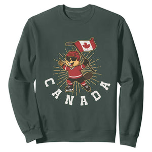 Funny Beaver Playing Ice Hockey With Canada Flag Gift Sweatshirt TS12 Dark Forest Green Print Your Wear
