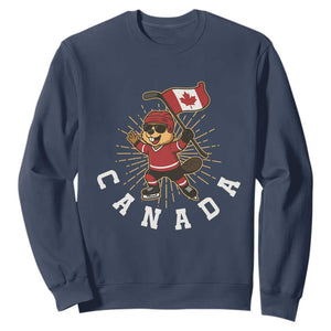 Funny Beaver Playing Ice Hockey With Canada Flag Gift Sweatshirt TS12 Navy Print Your Wear