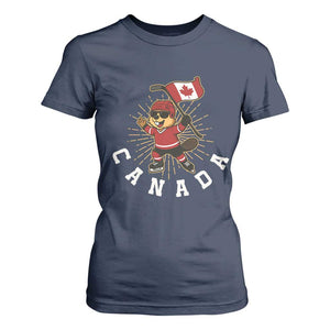 Funny Beaver Playing Ice Hockey With Canada Flag Gift T Shirt For Women TS12 Navy Print Your Wear