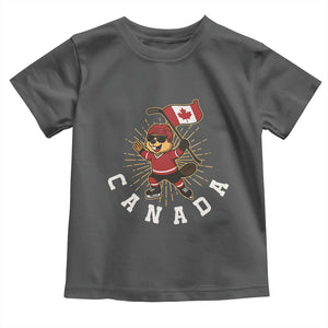 Funny Beaver Playing Ice Hockey With Canada Flag Gift Toddler T Shirt TS12 Dark Heather Print Your Wear