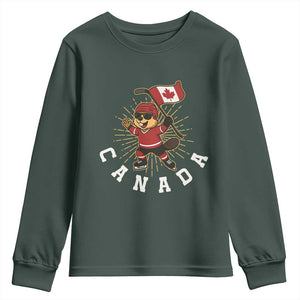Funny Beaver Playing Ice Hockey With Canada Flag Gift Youth Sweatshirt TS12 Dark Forest Green Print Your Wear