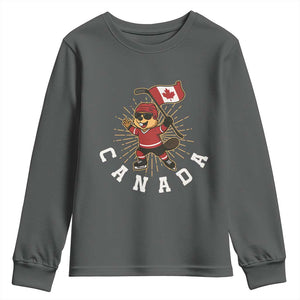 Funny Beaver Playing Ice Hockey With Canada Flag Gift Youth Sweatshirt TS12 Dark Heather Print Your Wear