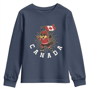 Funny Beaver Playing Ice Hockey With Canada Flag Gift Youth Sweatshirt TS12 Navy Print Your Wear
