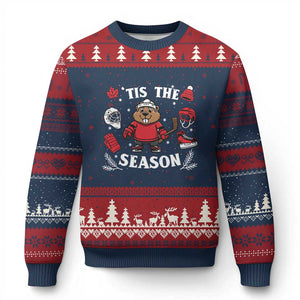 Canadian Ice Hockey Beaver Ugly Christmas Sweater Tis The Season Holiday Gift TS12 Navy Red Print Your Wear