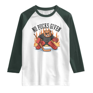 Funny Beaver Ice Hockey Goalie Gift Raglan Shirt No Pucks Given TS12 White Dark Forest Green Print Your Wear