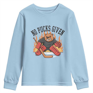 Funny Beaver Ice Hockey Goalie Gift Youth Sweatshirt No Pucks Given TS12 Light Blue Print Your Wear