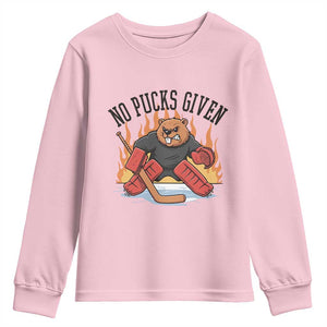 Funny Beaver Ice Hockey Goalie Gift Youth Sweatshirt No Pucks Given TS12 Light Pink Print Your Wear