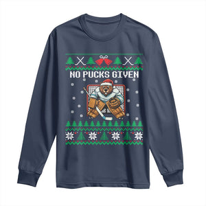 Ugly Christmas Sweater Beaver Ice Hockey Goalie Long Sleeve Shirt No Pucks Given TS12 Navy Print Your Wear