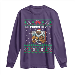 Ugly Christmas Sweater Beaver Ice Hockey Goalie Long Sleeve Shirt No Pucks Given TS12 Purple Print Your Wear