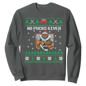 Ugly Christmas Sweater Beaver Ice Hockey Goalie Sweatshirt No Pucks Given TS12 Dark Heather Print Your Wear
