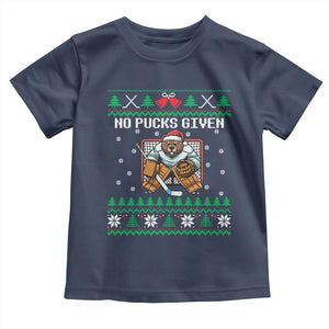 Ugly Christmas Sweater Beaver Ice Hockey Goalie Toddler T Shirt No Pucks Given TS12 Navy Print Your Wear