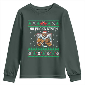 Ugly Christmas Sweater Beaver Ice Hockey Goalie Youth Sweatshirt No Pucks Given TS12 Dark Forest Green Print Your Wear