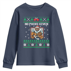 Ugly Christmas Sweater Beaver Ice Hockey Goalie Youth Sweatshirt No Pucks Given TS12 Navy Print Your Wear