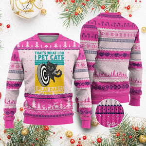 Funny Retro Sunset Cat Darts Ugly Christmas Sweater I Pet Cats I Play Darts And I Know Things TS12 Hot Pink Print Your Wear