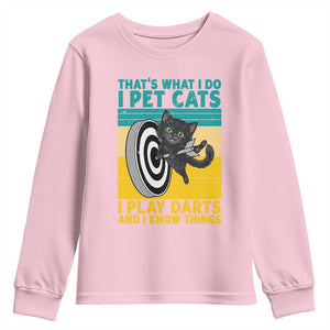 Funny Retro Sunset Cat Darts Youth Sweatshirt I Pet Cats I Play Darts And I Know Things TS12 Light Pink Print Your Wear