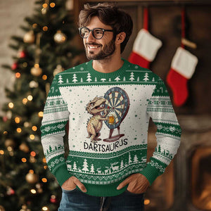 Dartsaurus Ugly Christmas Sweater Funny Dinosaur Dart Player Gift TS12 Beige Green Print Your Wear