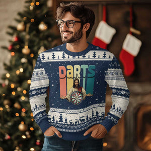 Funny Jesus Dart Player Sunset Retro Vintage Ugly Christmas Sweater Christian Dartist Gift TS12 Navy Beige Print Your Wear