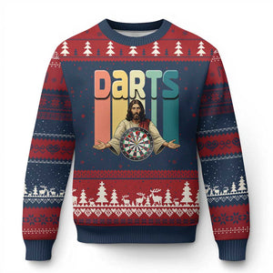 Funny Jesus Dart Player Sunset Retro Vintage Ugly Christmas Sweater Christian Dartist Gift TS12 Navy Red Print Your Wear