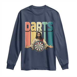 Funny Jesus Dart Player Sunset Retro Vintage Long Sleeve Shirt Christian Dartist Gift TS12 Navy Print Your Wear
