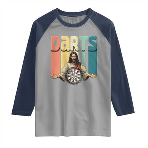 Funny Jesus Dart Player Sunset Retro Vintage Raglan Shirt Christian Dartist Gift TS12 Sport Gray Navy Print Your Wear