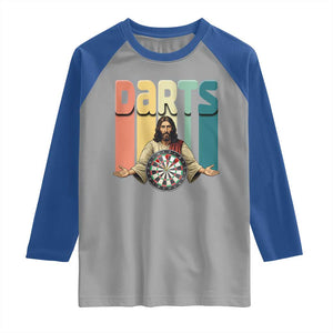 Funny Jesus Dart Player Sunset Retro Vintage Raglan Shirt Christian Dartist Gift TS12 Sport Gray Royal Print Your Wear