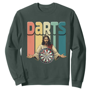 Funny Jesus Dart Player Sunset Retro Vintage Sweatshirt Christian Dartist Gift TS12 Dark Forest Green Print Your Wear
