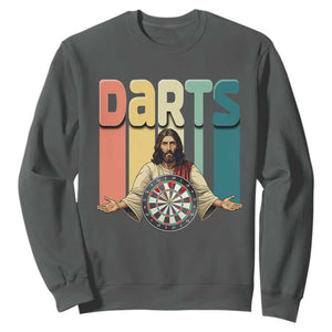 Funny Jesus Dart Player Sunset Retro Vintage Sweatshirt Christian Dartist Gift TS12 Dark Heather Print Your Wear