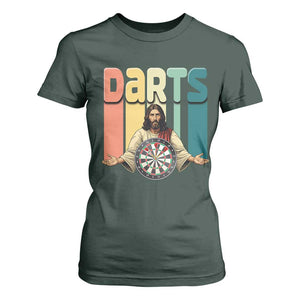 Funny Jesus Dart Player Sunset Retro Vintage T Shirt For Women Christian Dartist Gift TS12 Dark Forest Green Print Your Wear