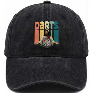 Funny Jesus Dart Player Sunset Retro Vintage Washed Cotton Baseball Cap Christian Dartist Gift TS12 Print Your Wear