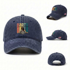 Funny Jesus Dart Player Sunset Retro Vintage Washed Cotton Baseball Cap Christian Dartist Gift TS12 Washed Cap Universal Fit Navy Print Your Wear