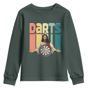 Funny Jesus Dart Player Sunset Retro Vintage Youth Sweatshirt Christian Dartist Gift TS12 Dark Forest Green Print Your Wear