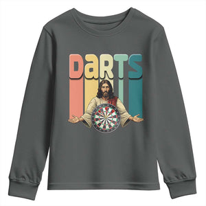 Funny Jesus Dart Player Sunset Retro Vintage Youth Sweatshirt Christian Dartist Gift TS12 Dark Heather Print Your Wear