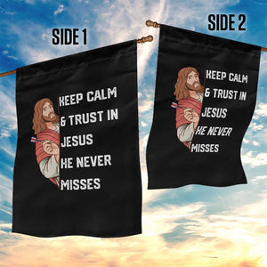 Funny Christian Faith Darts Player Gift Garden Flag Keep Calm And Trust In Jesus He Never Misses TS12 Print Your Wear