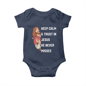 Funny Christian Faith Darts Player Gift Baby Onesie Keep Calm And Trust In Jesus He Never Misses TS12 Navy Print Your Wear