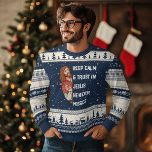 Funny Christian Faith Darts Player Gift Ugly Christmas Sweater Keep Calm And Trust In Jesus He Never Misses TS12 Navy Beige Print Your Wear