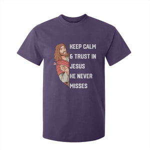Funny Christian Faith Darts Player Gift T Shirt For Kid Keep Calm And Trust In Jesus He Never Misses TS12 Purple Print Your Wear