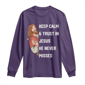 Funny Christian Faith Darts Player Gift Long Sleeve Shirt Keep Calm And Trust In Jesus He Never Misses TS12 Purple Print Your Wear