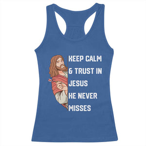 Funny Christian Faith Darts Player Gift Racerback Tank Top Keep Calm And Trust In Jesus He Never Misses TS12 Royal Blue Print Your Wear