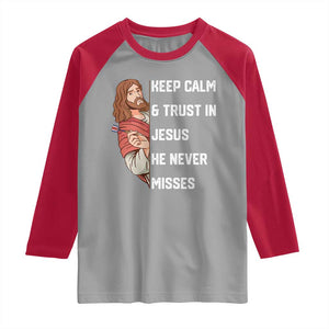 Funny Christian Faith Darts Player Gift Raglan Shirt Keep Calm And Trust In Jesus He Never Misses TS12 Sport Gray Red Print Your Wear